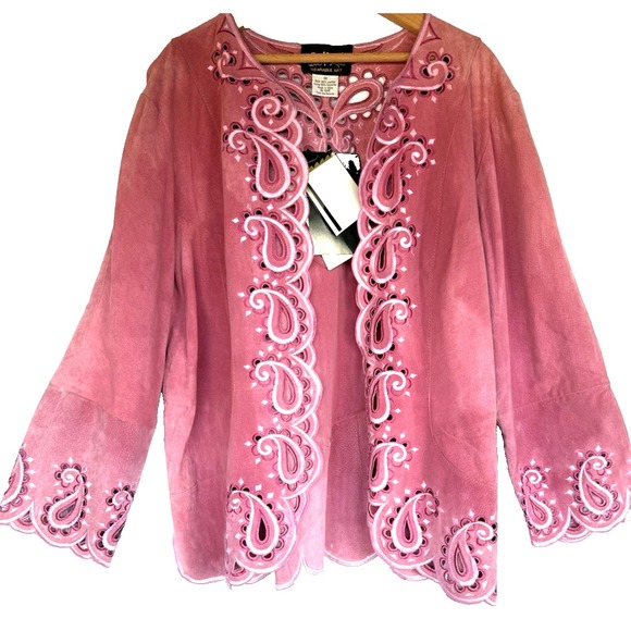 Bob Mackie Wearable Art Womens Leather Pink Western Embroidered Jacket Size 1X